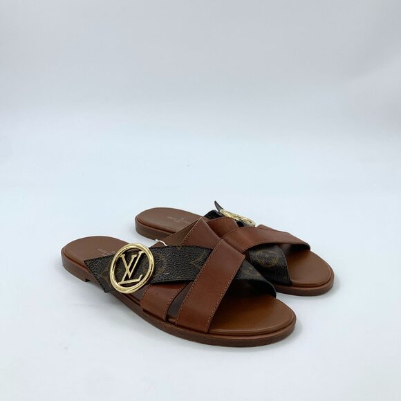 Louis Vuitton Womens Brown Monogram Slide Sandals With Gold LV Logo Size 36 - Picture 2 of 9